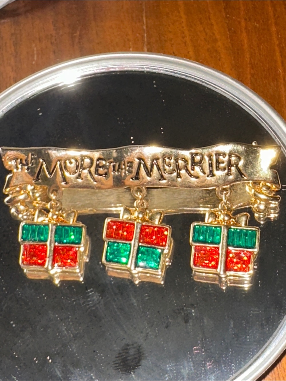 The More The Merrier Gold Tone Holiday Pin with Red & Green Charms
